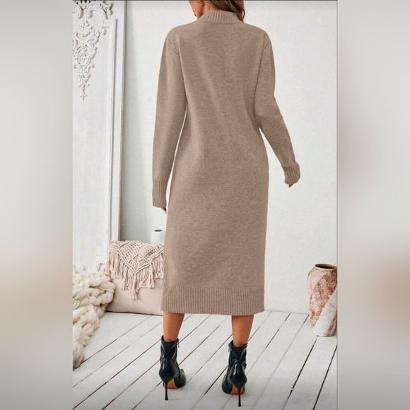 New Chic Oversized Knit Sweater Midi Dress Light Khaki Tan - Picture 4 of 10
